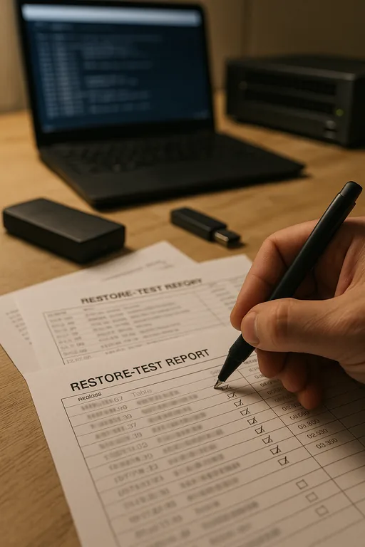 Technician reviewing printed backup/restore test reports and external backup drive, demonstrating backup validation activity.
