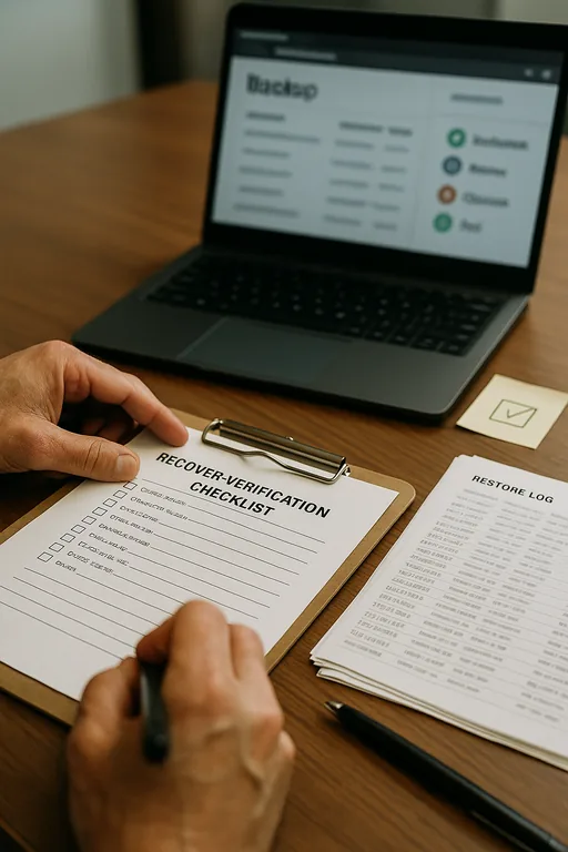 Hands of a technician pointing at a clipboard and printed backup/restore logs during a restore validation check.