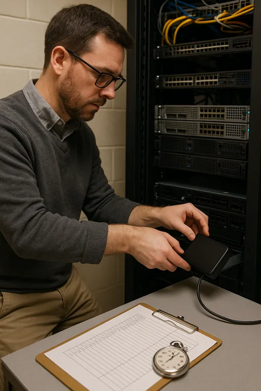 IT technician connecting an external drive to a rack server while following a checklist and timing a restore test.