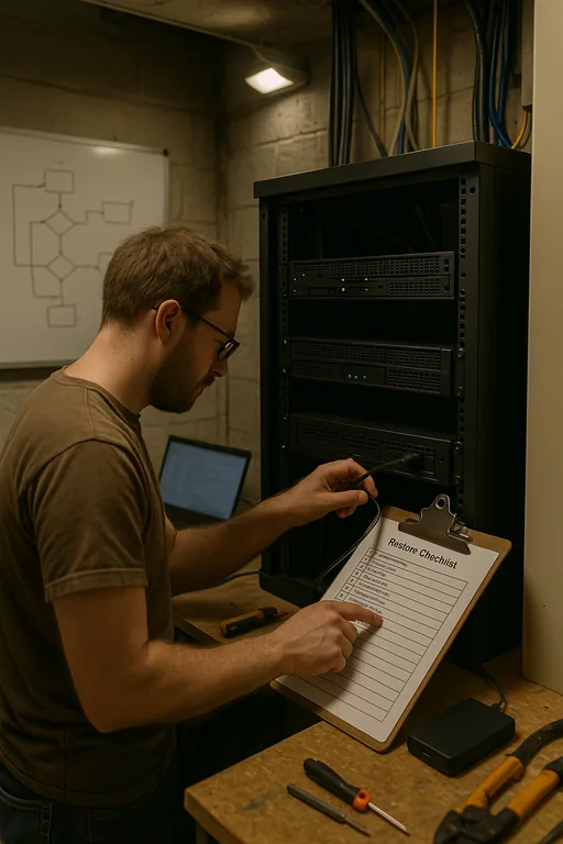 Technician connecting an external backup drive to a rack appliance while following a restore checklist and a blurred incident workflow on a whiteboard.