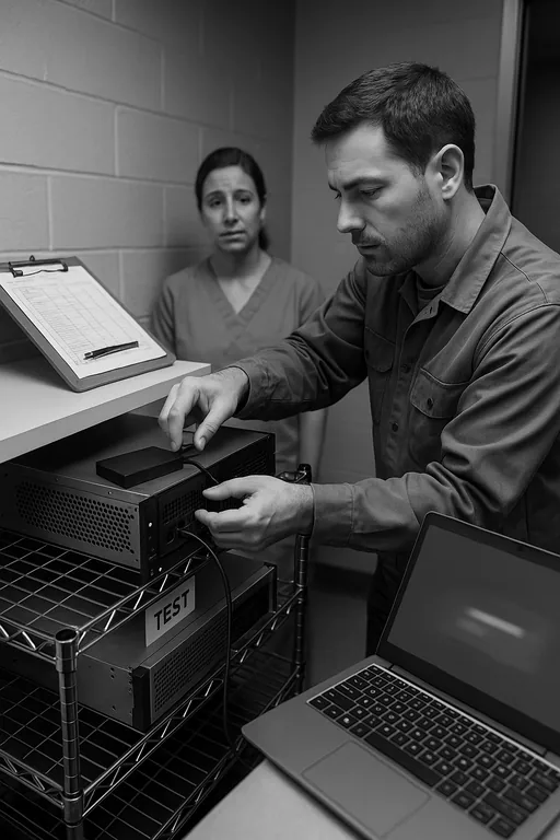 An IT technician conducting a backup restore test on a test workstation in a clinic while a staff member observes.