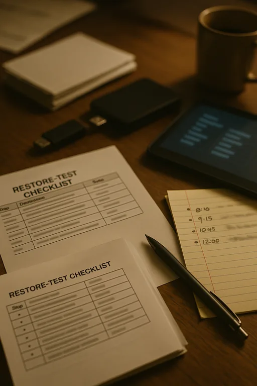 Desk with a restore‑test checklist, external backup drive, USB stick and handwritten time‑stamped notes showing evidence of backup validation.
