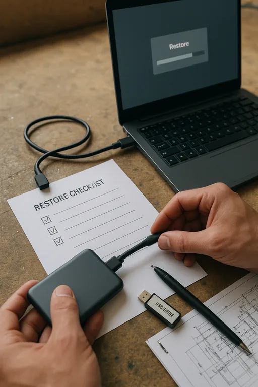 Technician performing a backup restore test on a laptop with an external drive and a blurred checklist nearby to validate project file recovery.