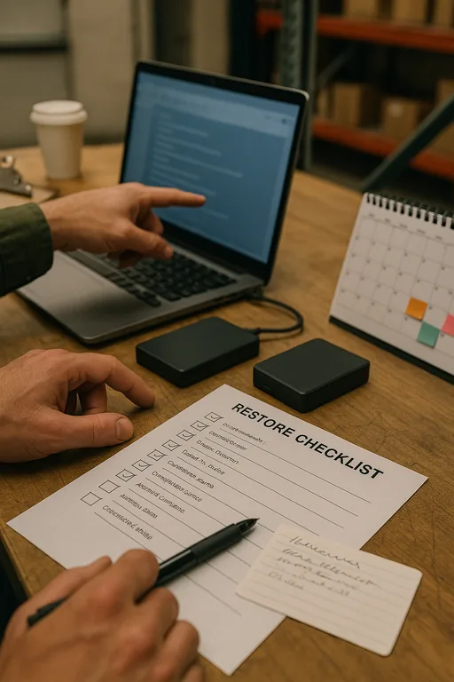 Consultant reviewing a backup restore checklist and blurred laptop results during a restore test, showing practical validation steps.