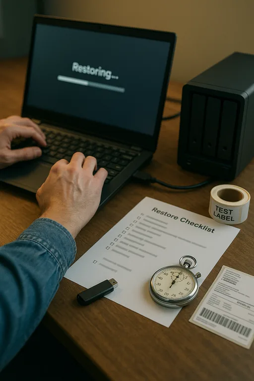 Technician performing a backup restore test with external backup array, checklist and stopwatch visible as evidence of recovery validation.
