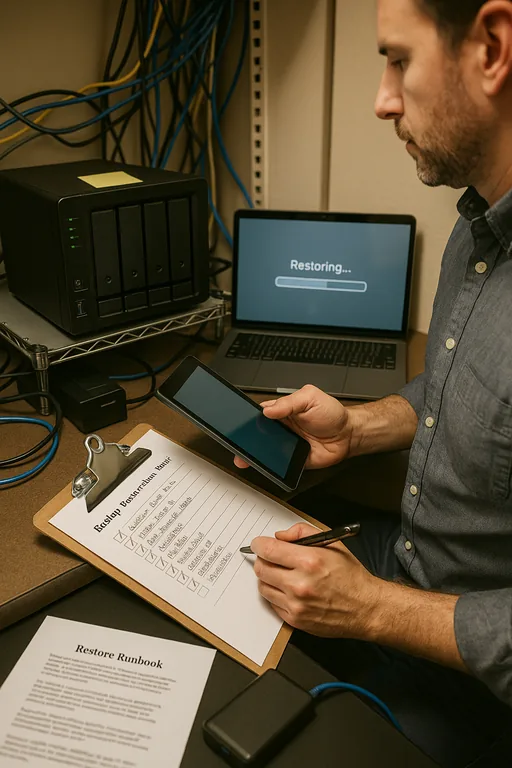 Technician running a restore test using a tablet and clipboard near a NAS backup appliance and laptop in a law office IT closet, showing documented validation activity.