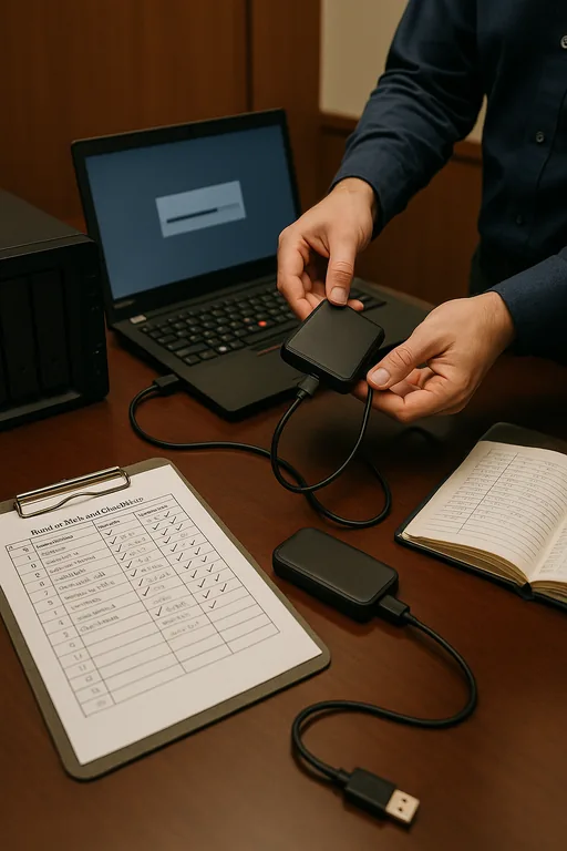 Technician performing a backup restore test with a printed runbook, external backup appliance, and handwritten logbook in a law office.