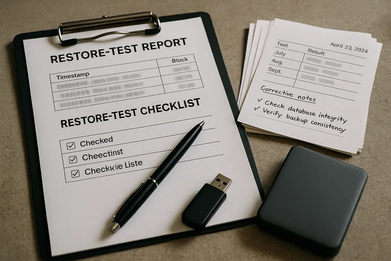 Close-up of printed restore-test reports and a checklist with handwritten notes and a timestamped entry, showing tangible test evidence.