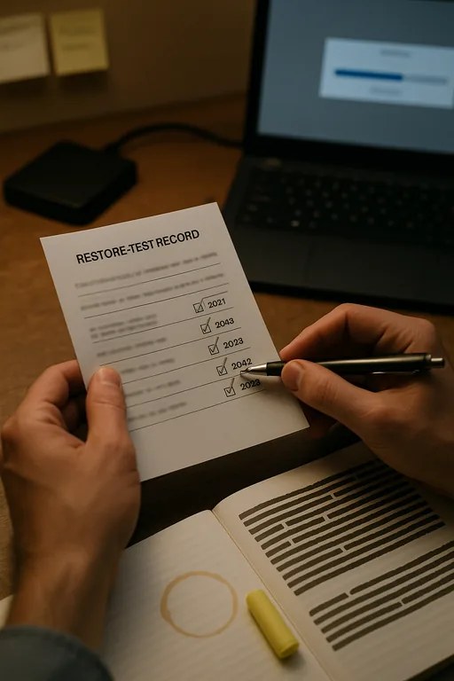 Close-up of a technician holding a blurred restore-test record beside a laptop and backup drive, showing practical test documentation.