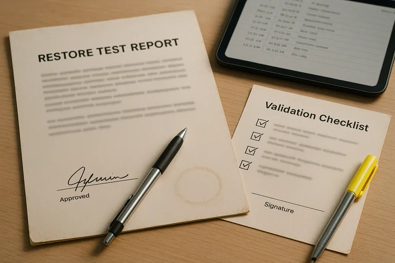Close-up of a signed restore test report, validation checklist, and a blurred timestamped job log on a tablet.