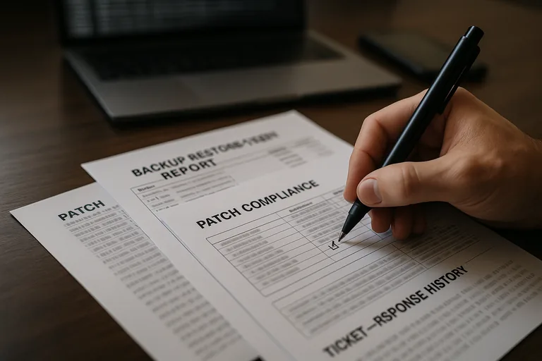 Close-up of printed backup restore-test results, patch compliance notes, and a ticket history being annotated on a desk.