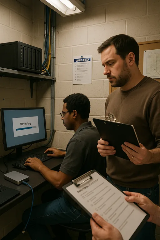 Technicians performing a backup restore test on a dedicated test workstation while following a blurred checklist to validate file recovery.