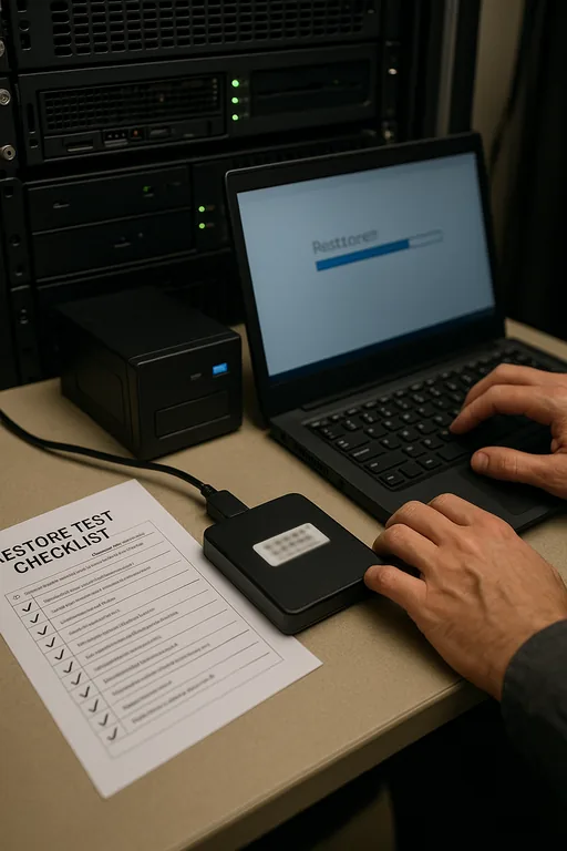 Technician running a file-level restore test with server rack, backup appliance, and a printed checklist visible.