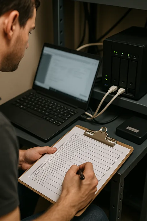 IT technician using a laptop and clipboard to perform a backup restore test on a compact backup appliance inside a law office equipment area.