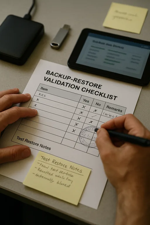 Close-up of hands marking a backup restore validation checklist next to an external backup drive and a tablet with a blurred backup status screen.