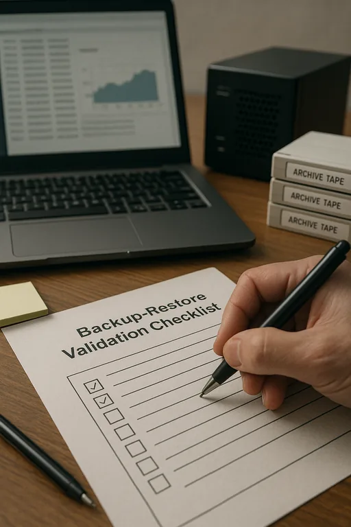 Close-up of a technician marking a backup and restore validation checklist beside a laptop showing blurred restore logs and an external backup device.