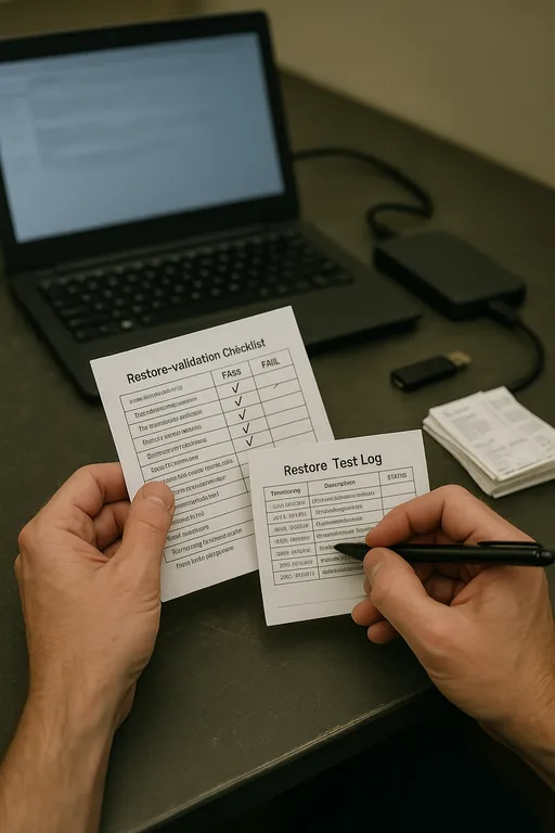 Close-up of a technician holding a printed restore validation checklist with backup drive and ticket printouts on a desk.