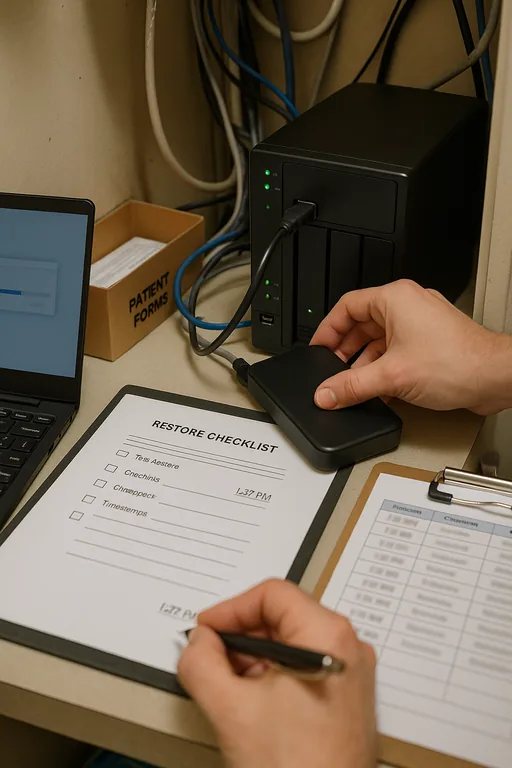 Technician performing a backup restore test on a small server with a printed restore checklist and timestamps beside it.