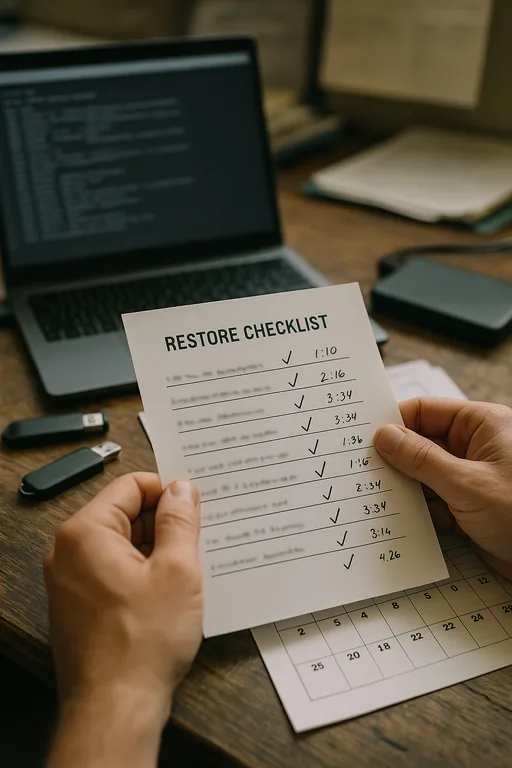 Close-up of a printed backup restore checklist and a technician checking blurred restore logs on a laptop with an external backup drive nearby.