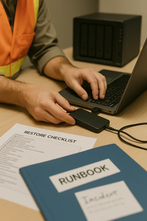 Technician performing a restore test with an external backup drive, printed checklist, and runbook on a table.