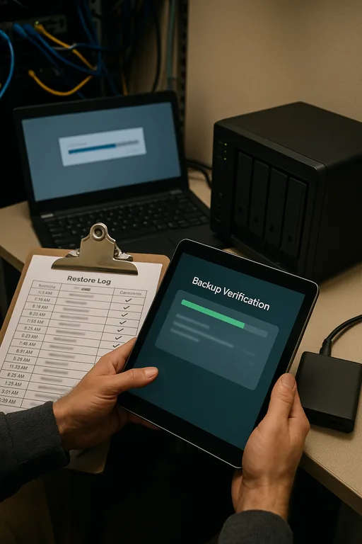 Technician performing backup validation with a tablet and a printed restore log next to a backup appliance in an office IT closet.