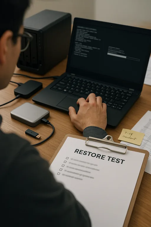 Engineer performing a backup restore test with a backup appliance and checklist visible on a desk.