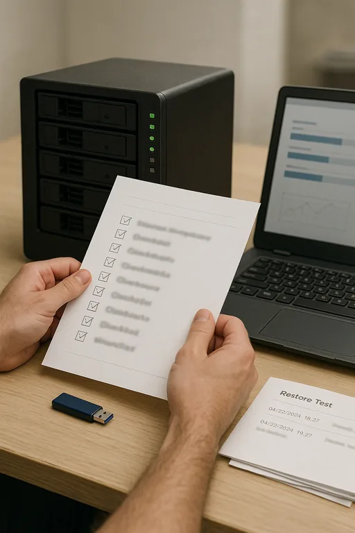 Close-up of a runbook, backup appliance, and a laptop showing blurred restore progress, representing backup validation and restore testing.