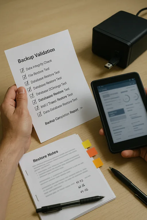 Close-up of hands holding a backup validation checklist and a tablet with a blurred progress display next to an external backup device.