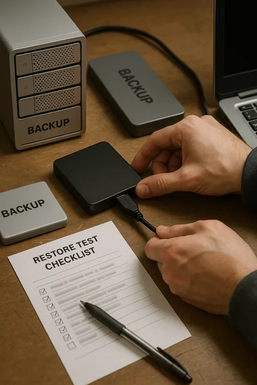 Technician connecting an external backup drive to a laptop next to a restore-test checklist.