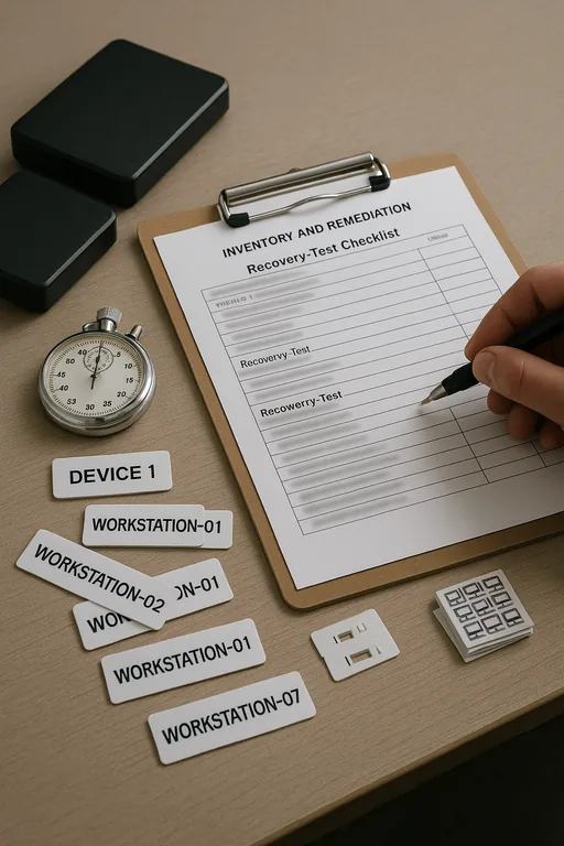 Clipboard with a blurred recovery checklist, labeled device tags and external backup drives used during validation and inventory work.