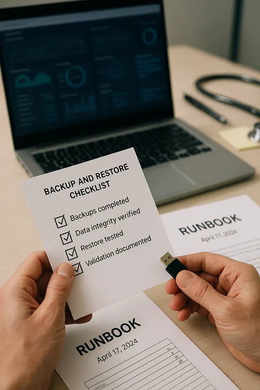 A technician holding a backup-restore checklist next to a laptop and runbook, showing practical evidence of tested restores and documentation.