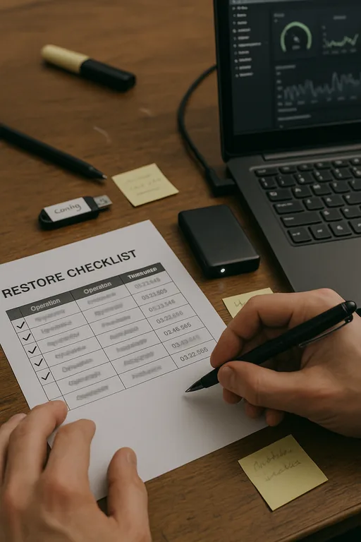Technician reviewing a printed restore checklist beside a laptop and external drive, showing evidence of backup validation.