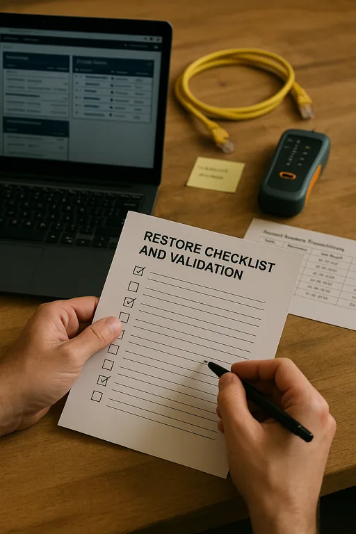 Technician holding a blurred printed checklist next to a laptop with an out-of-focus ticketing/dashboard view to show backup and restore validation.