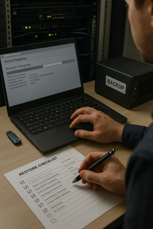 Technician performing a backup validation with a printed restore checklist showing ticked boxes and a laptop displaying blurred restore logs.