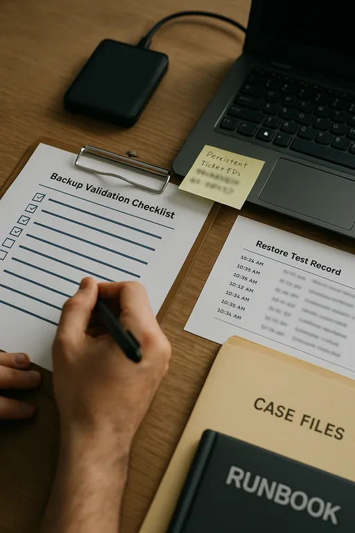 Close-up of a technician marking a backup validation checklist and restore test record on a clipboard.