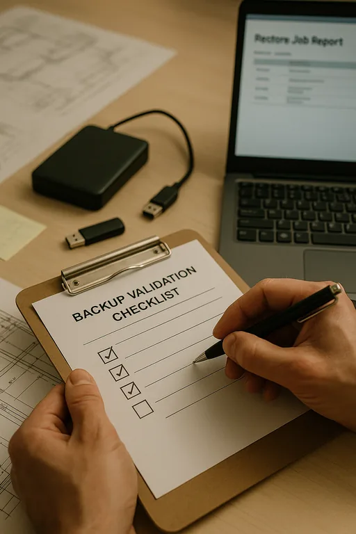 Technician marking a backup validation checklist with external drive and a laptop showing a blurred restore report on a desk.