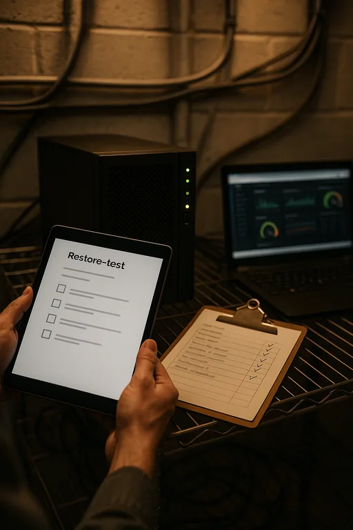 Technician holding a tablet and clipboard with a restore-test checklist beside a backup appliance during a scheduled recovery validation.