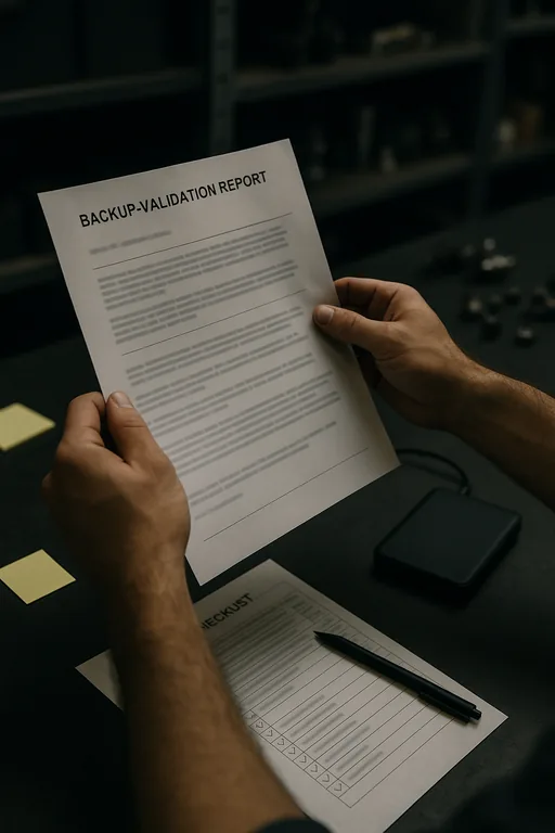 Close-up of a technician holding a printed backup validation report and an external drive on a plant workbench.