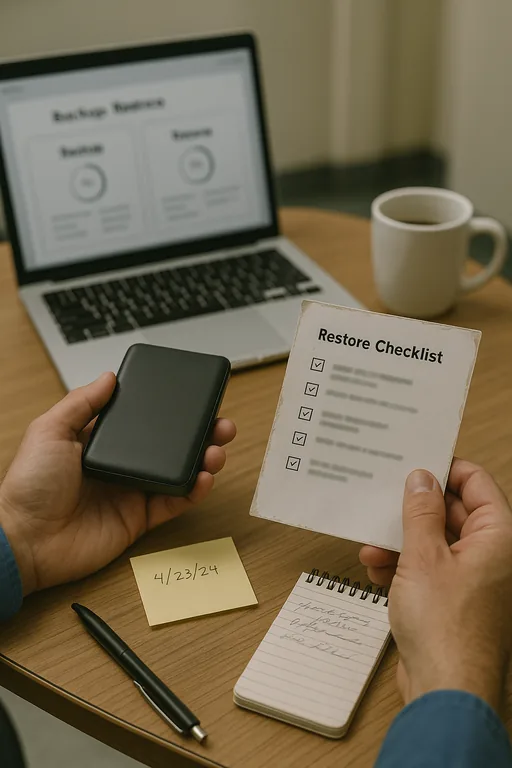 Close-up of a technician holding an external backup drive with a blurred restore checklist and a laptop, showing backup validation in progress.