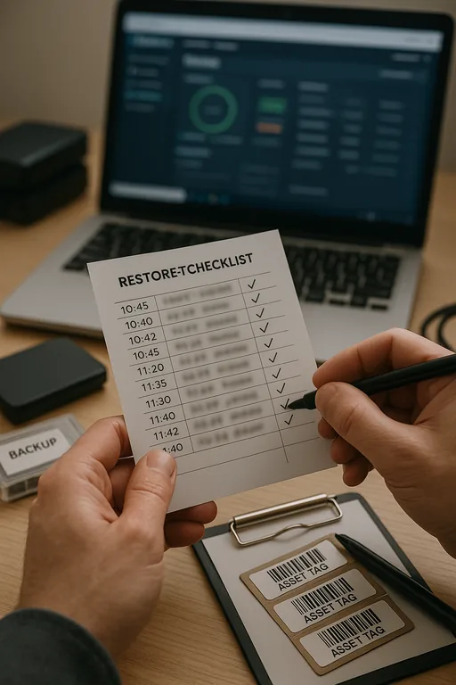 Close-up of a technician holding a blurred restore-test checklist with backup drives and a laptop in the background during a recovery validation.