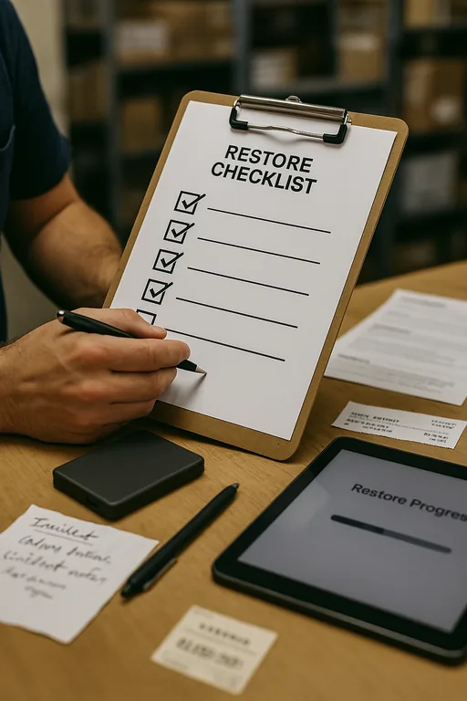 Technician holding a restore checklist with backup drive and handwritten incident notes, evidence of backup validation and ticket records.