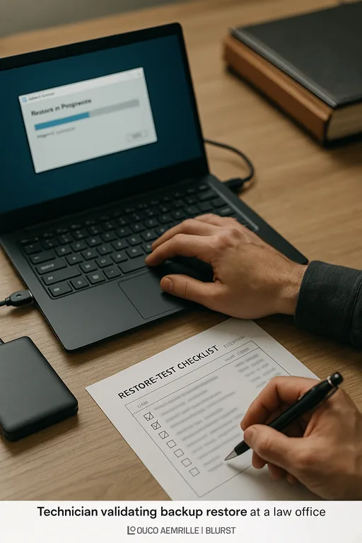 Technician performing a backup restore test with a printed restore checklist and external backup drive on a law office desk.