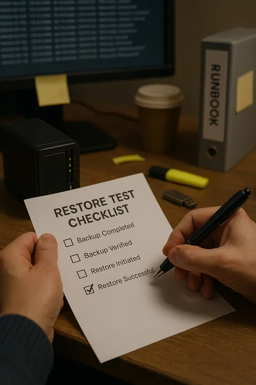 Technician marking a restore test checklist with a NAS device and blurred logs visible in the background.