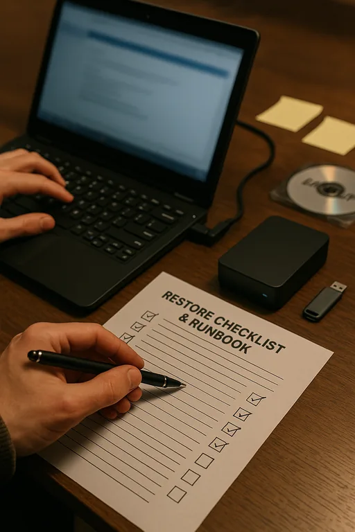 IT technician performing a documented backup restore test with a laptop, external backup drive, and a checked restore checklist.