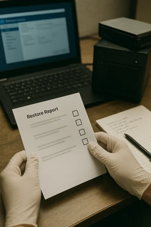 Close-up of backup restore validation materials: printed report, external backup device, and handwritten notes during a restore test.