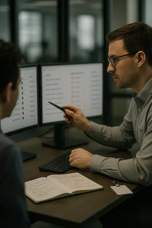 Two-monitor workstation showing green backup status on one screen and a failed restore indicator on the other while a technician points at the failure.