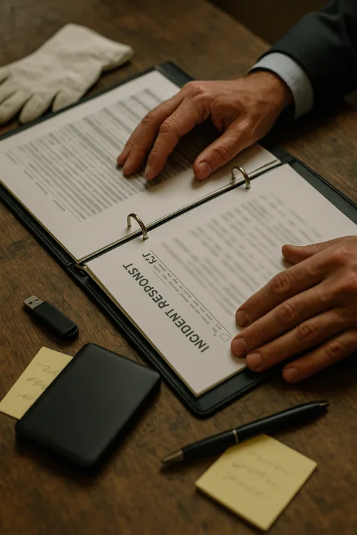 Close-up of hands arranging an incident response binder, audit log printouts, and backup media on a desk as evidence during a breach investigation.