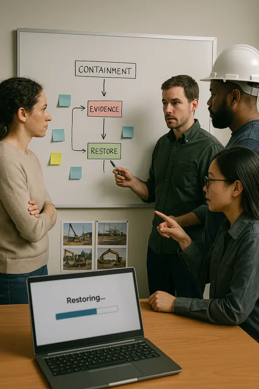 Small team mapping a non-legible incident response workflow on a whiteboard with site photos pinned nearby, illustrating remediation steps.