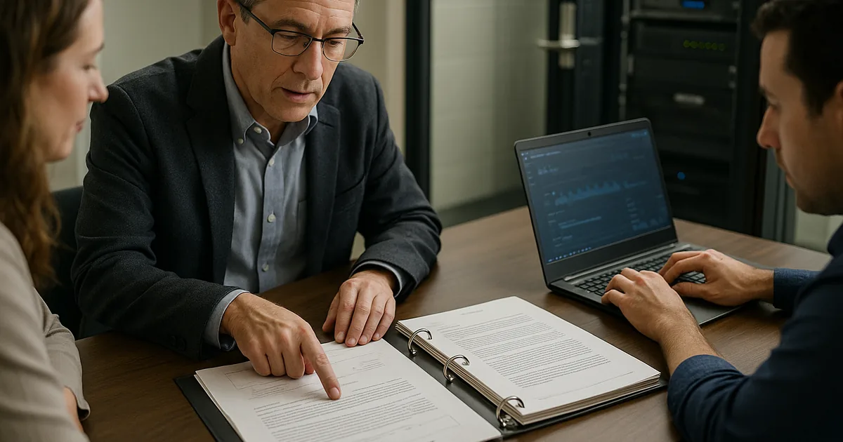 IT consultant and colleagues reviewing printed restore-test reports and a runbook at a conference table with backup hardware visible behind glass.