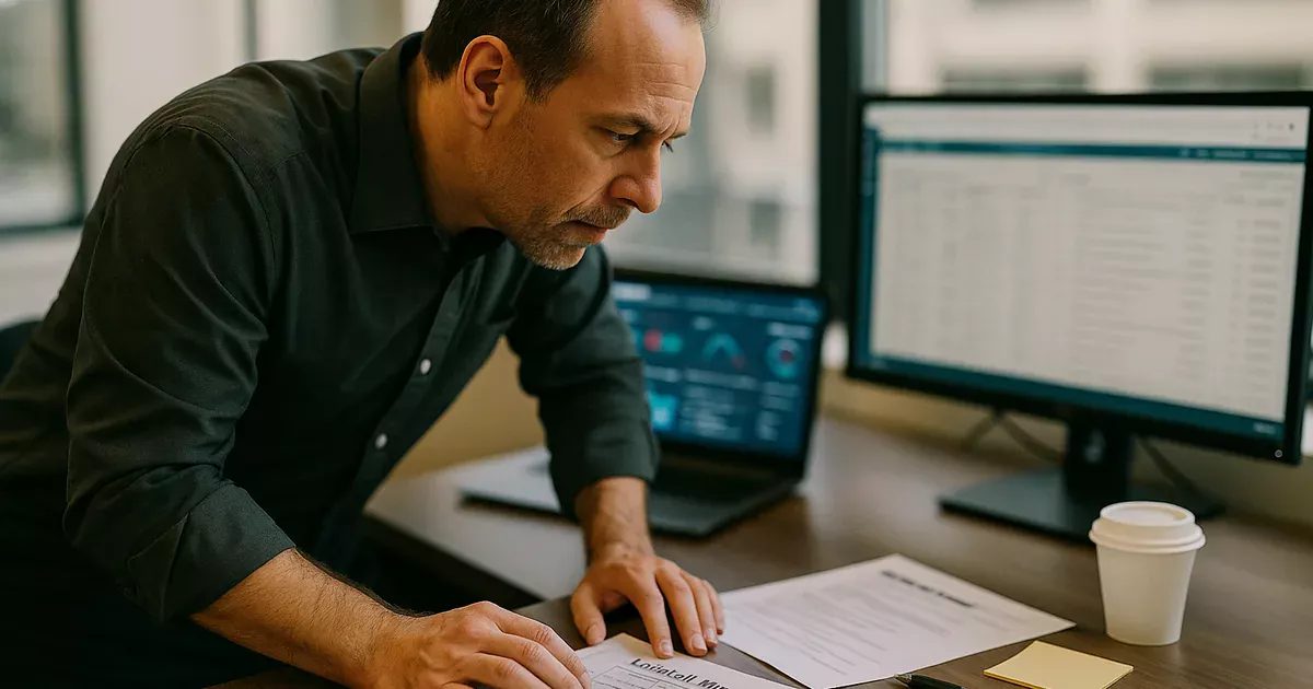 Operations manager reviewing blurred monitoring screens and printed restore-checklist on a desk during an incident review.